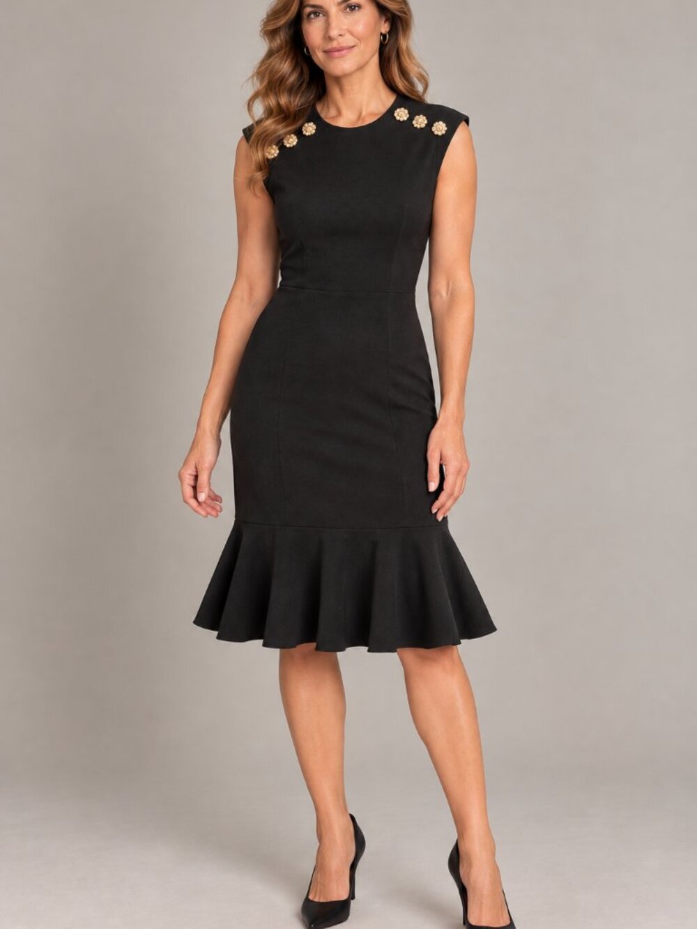 Melanie-Lyne Black Midi Dress with Jewel-Button Shoulders. Like New.